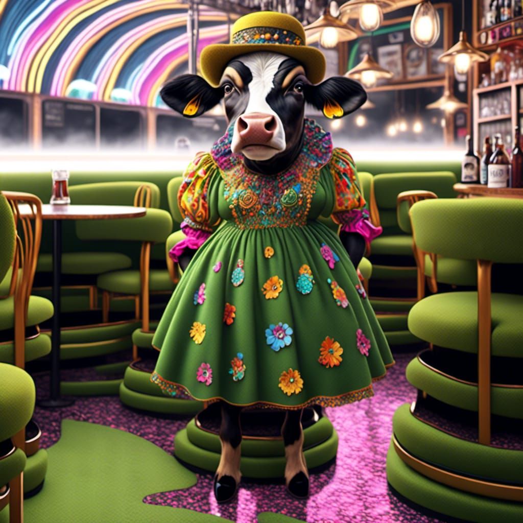 Anthropomorphic Cow Lady in a Pub, Detailed Drawing