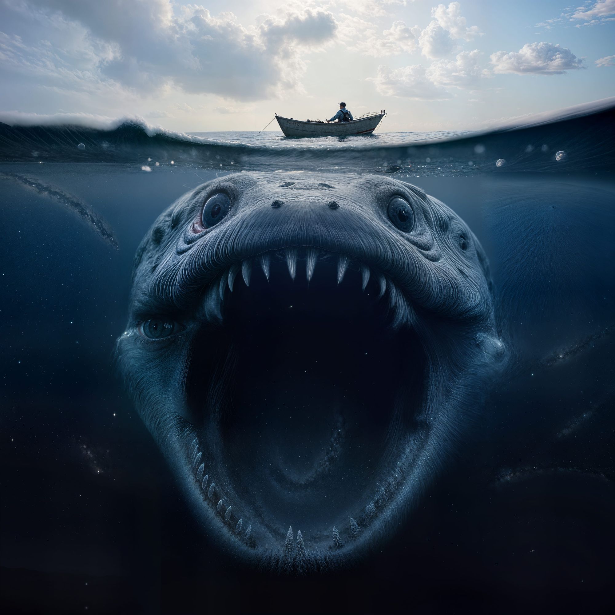  Terrifying Horror art thalassophobia creation of a gargantuan sea monster looking up at a ship on the ocean surface