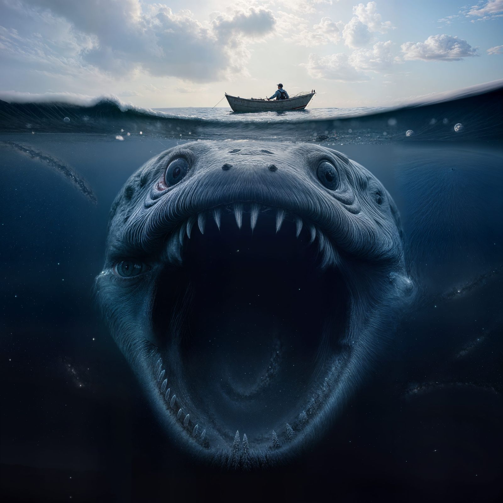Terrifying Horror art thalassophobia creation of a gargantuan sea monster looking up at a ship on the ocean surface