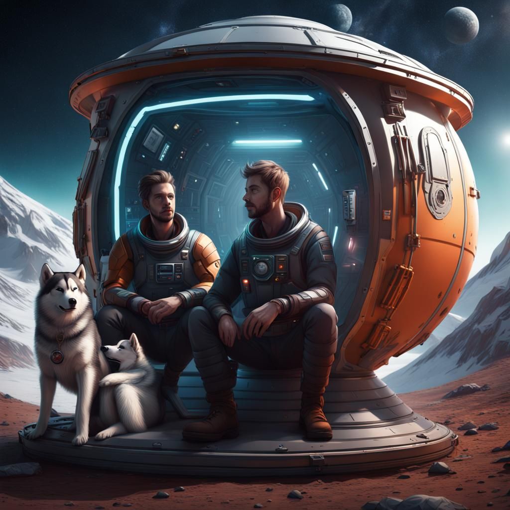 Two English men along with a husky in a space pod. Realistic