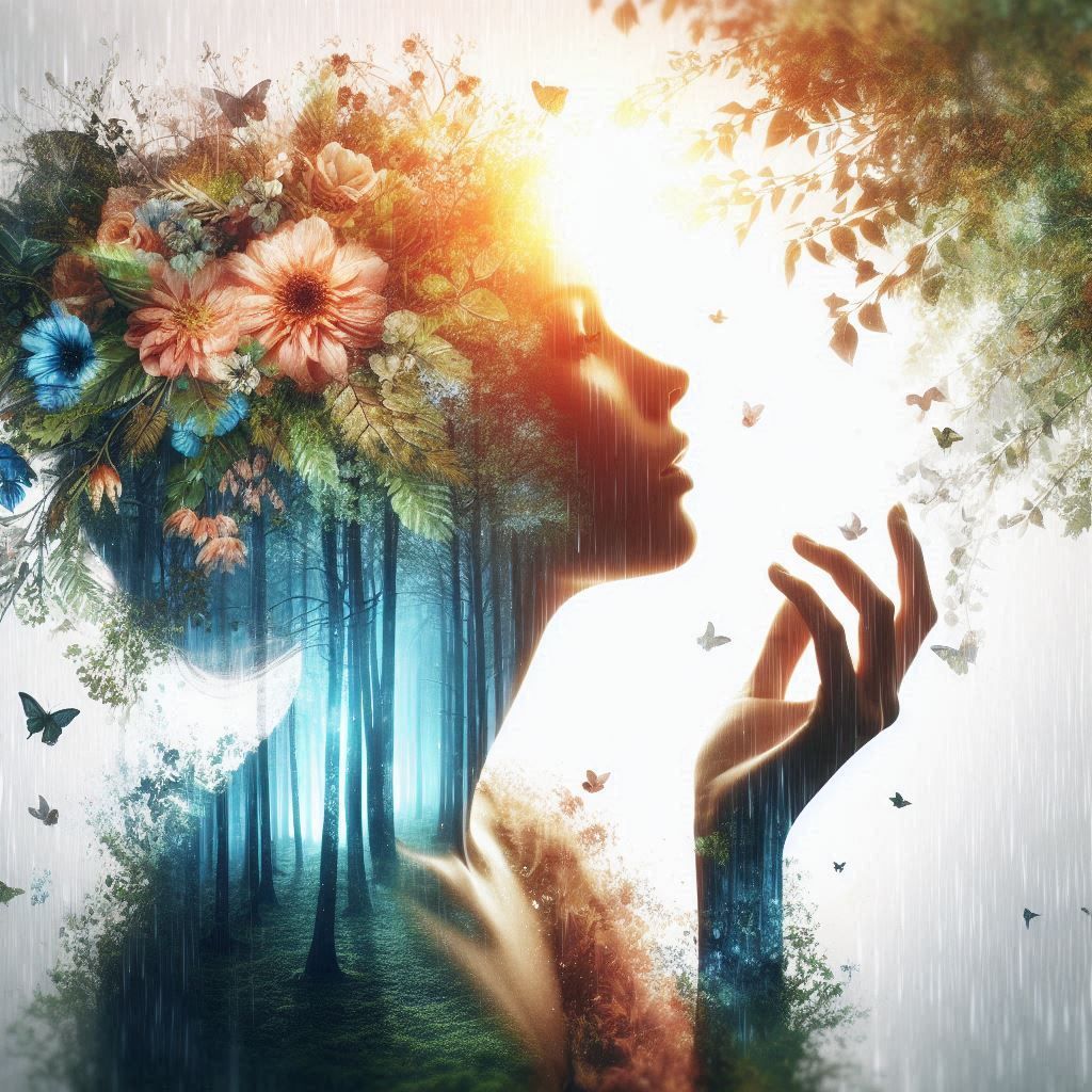 double exposure beautiful fantasy DALL-E 3 portrait landscape..