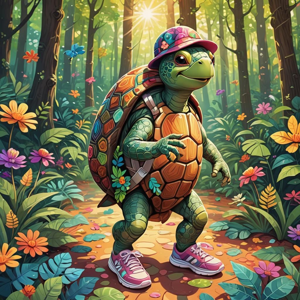 Cartoon Turtle Hiking Through a Colorful Forest
