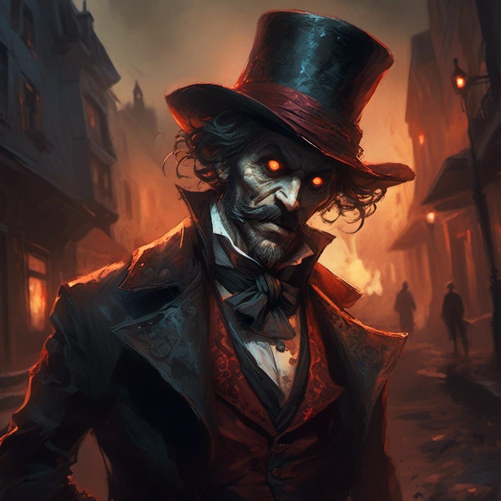 <lora:Giggity:0.3>a suspicious and mysterious Jack the Ripper, extremely dark, big glowing volumetric extreme eyes, horror concept,