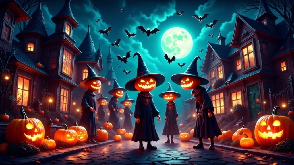 Whimsical Halloween Street Scene with Pumpkin, Skeleton, and...