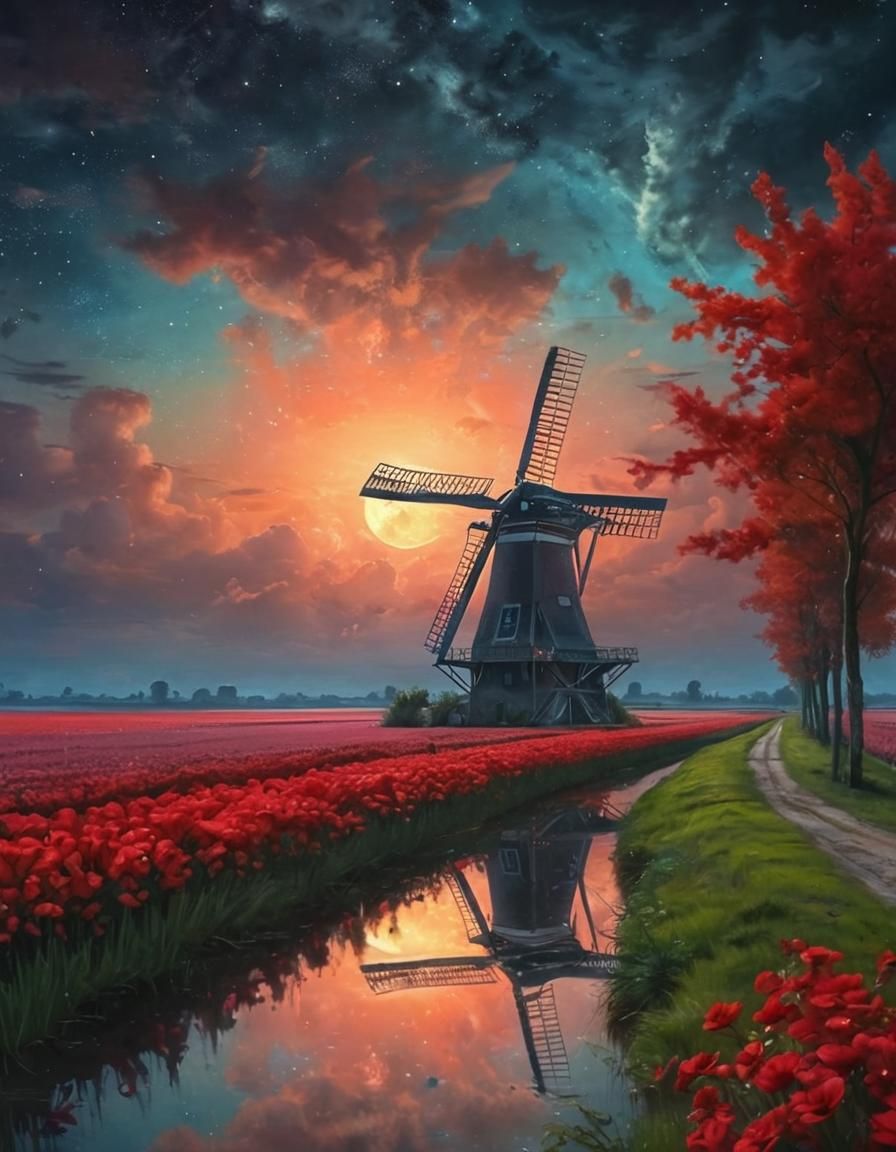 Windmill and red flowers