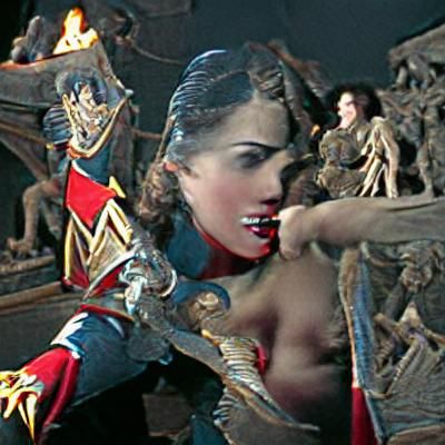 The scene composition focuses entirely on the vampire Wonder woman, filling the frame with her figure.  The image is taken from a slightly a...