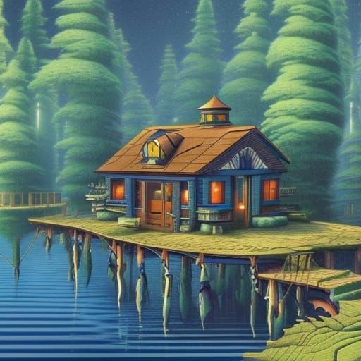 Boathouse on a lake surrounded by forest trees, in the style...