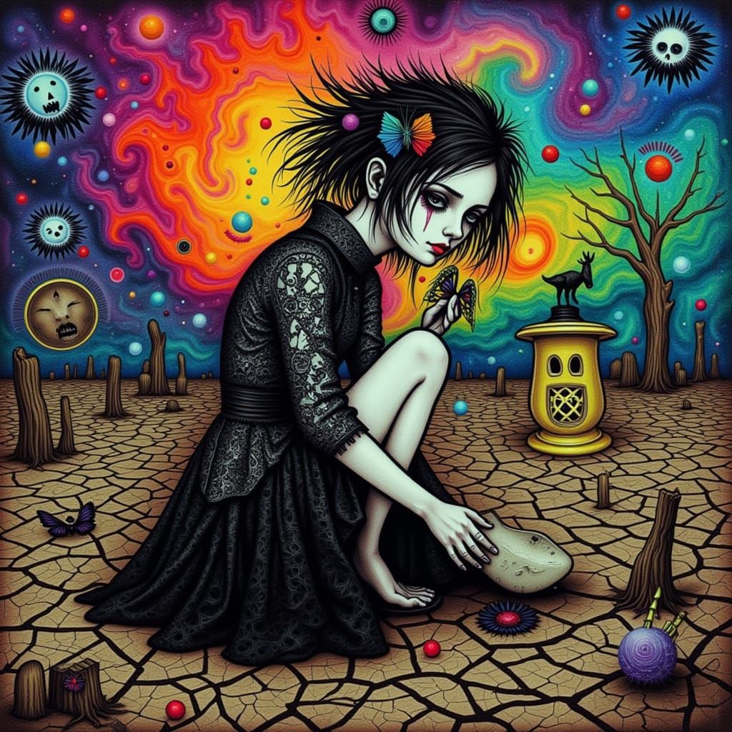 <lora:Wyrd 13:1.0>  A melancholic goth girl with rainbow accents weeps tears of ferrofluid, the tears swirling and merging into intricate pa...
