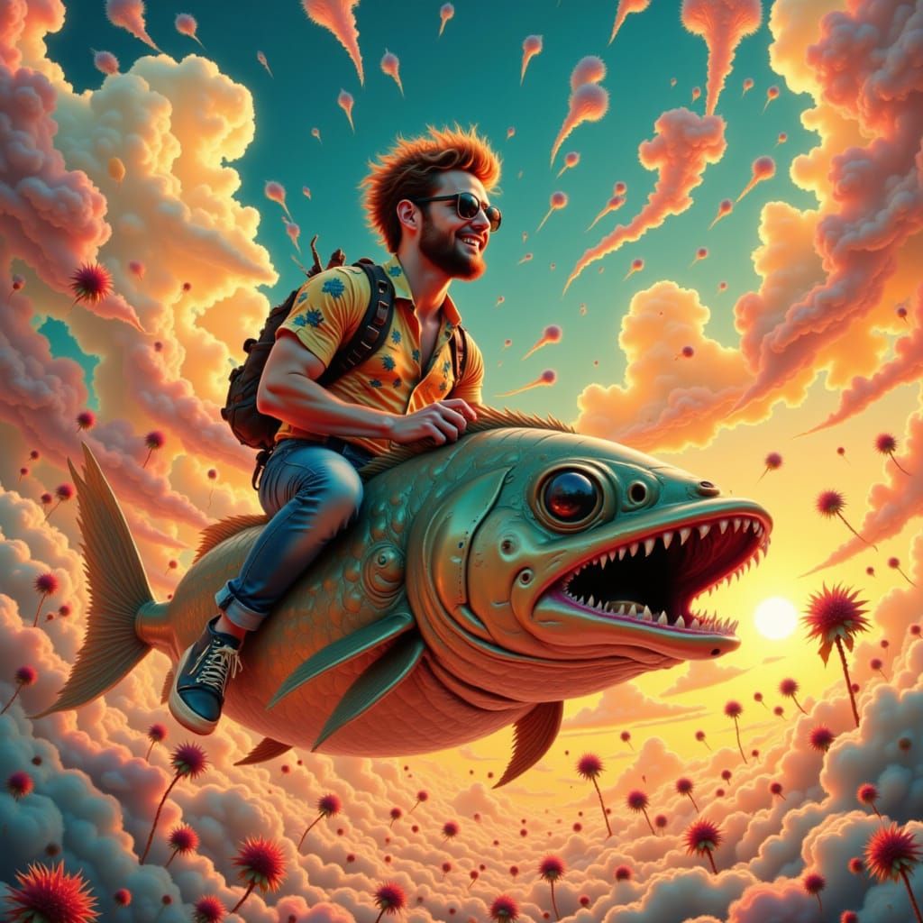 attractive young hipster man rides on a huge fish with smiling human face through the sky <lora:Different world:1.0> 
