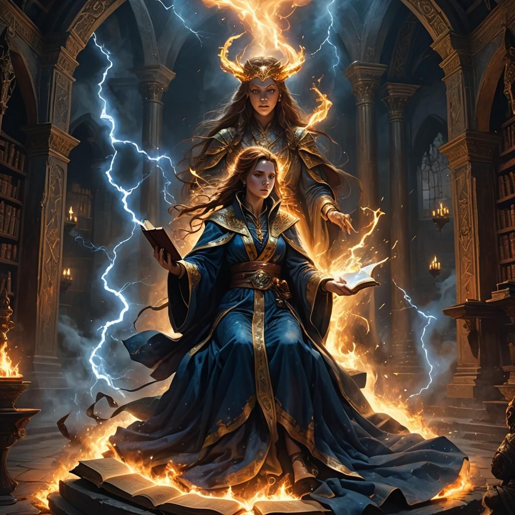 Lightning runs across the sorceress's face as she reads a spell from a book. Her eyes are full of fire. She sits opposite the altar, where t...