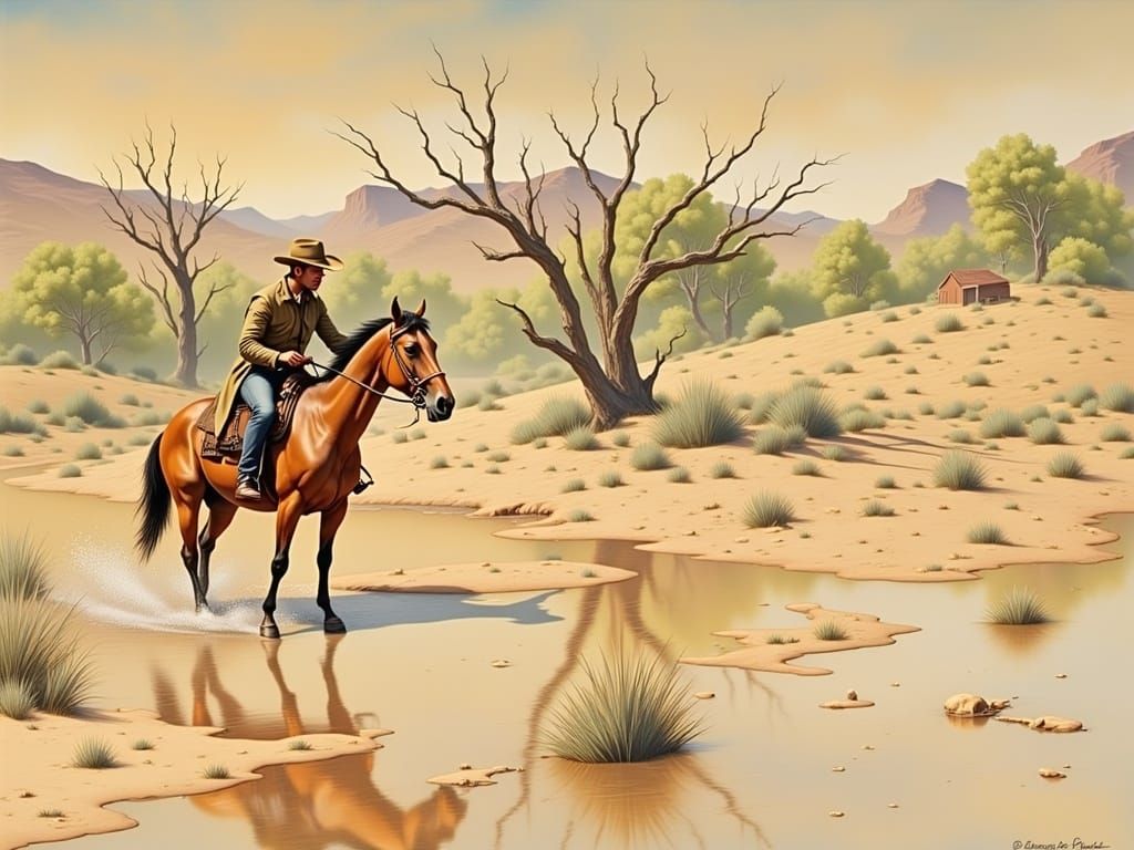 <lora:PandoraBox:1.0> wild west creek  cowboy ride horse wat...