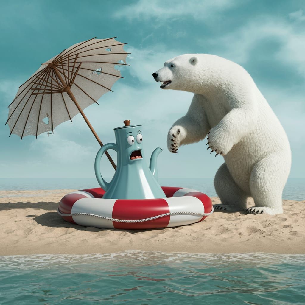 Terrified Teapot sitting in a round red and white lifesaver bouy, terrified of a strange polar bear, deserted island, tor...