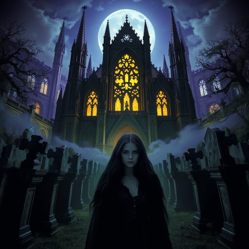 A gothic cathedral looms over a graveyard, with tombstones reaching towards the sky like skeletal fingers. Wisps of fog curl around the anci...