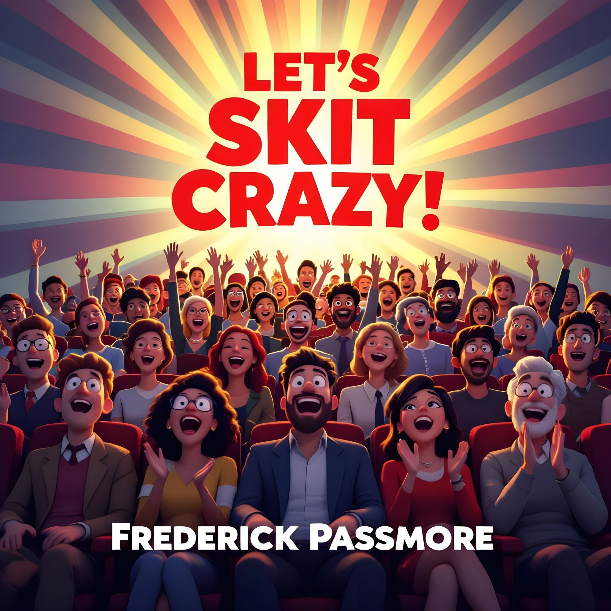A large group of people of various ages are seated in a theater, laughing hysterically. The title of the book is "Let's SKIT Crazy!" The aut...