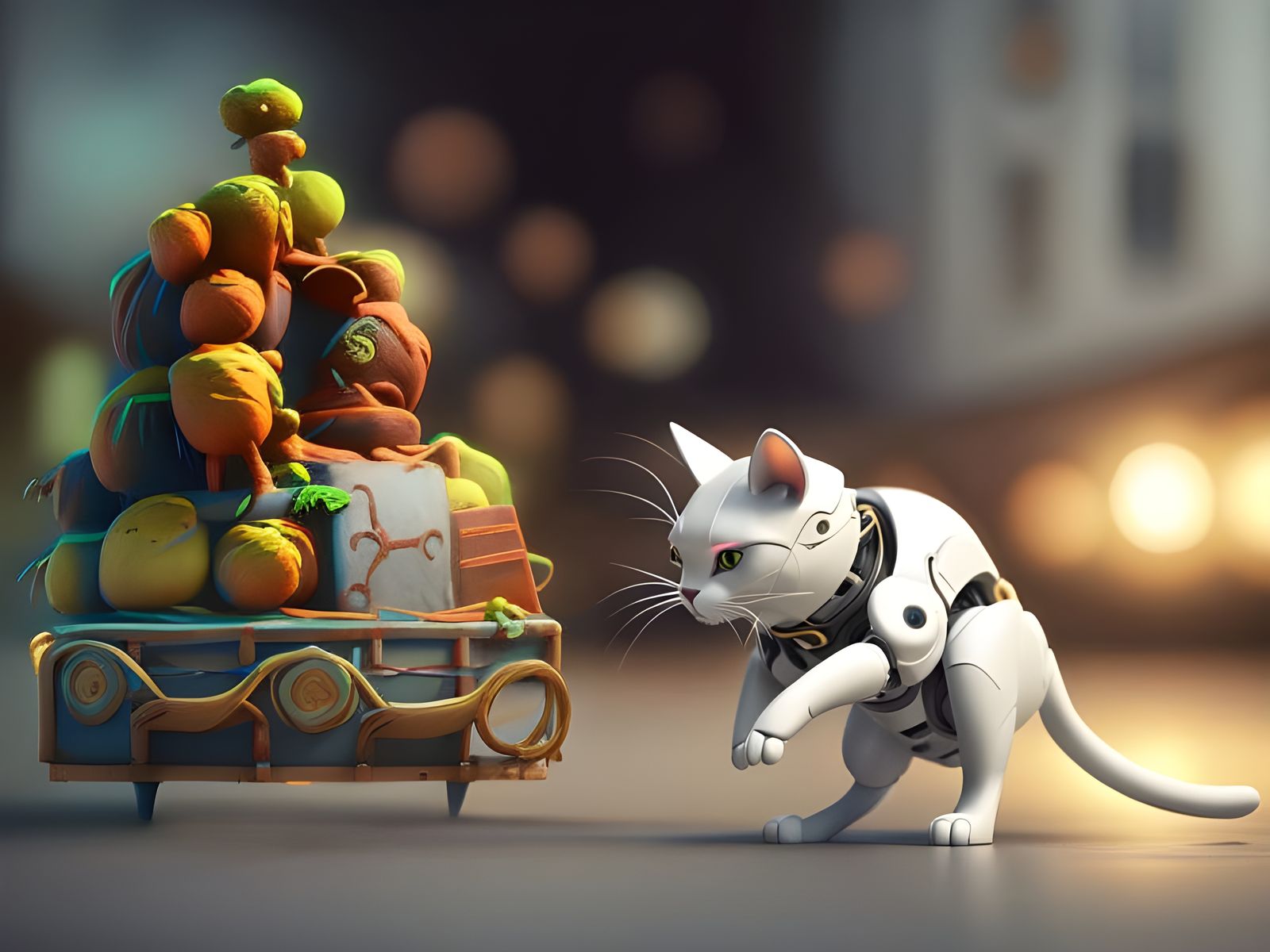A robot cat inspects a strange object