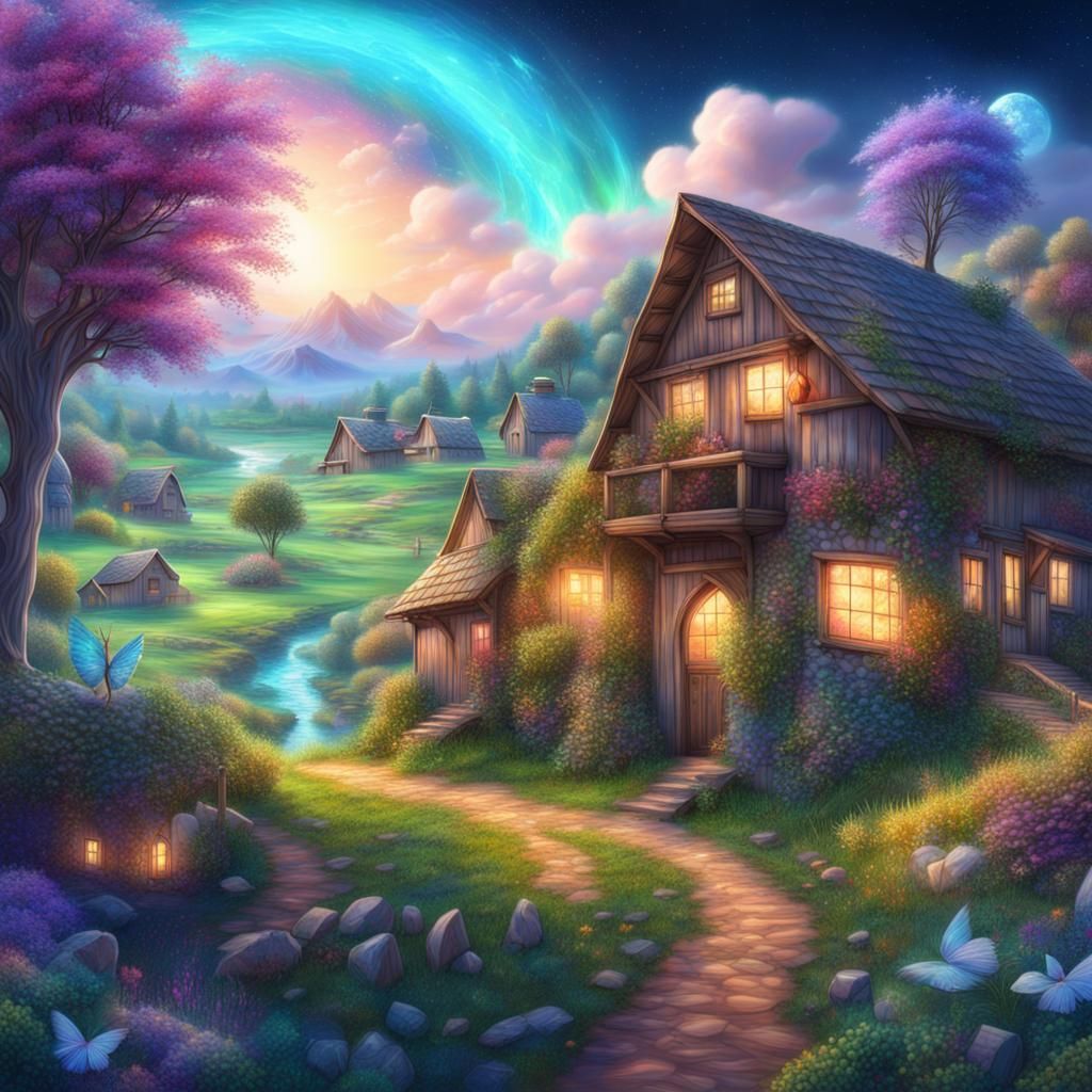 A village like from a fairy tale, farm buildings, beautiful ...