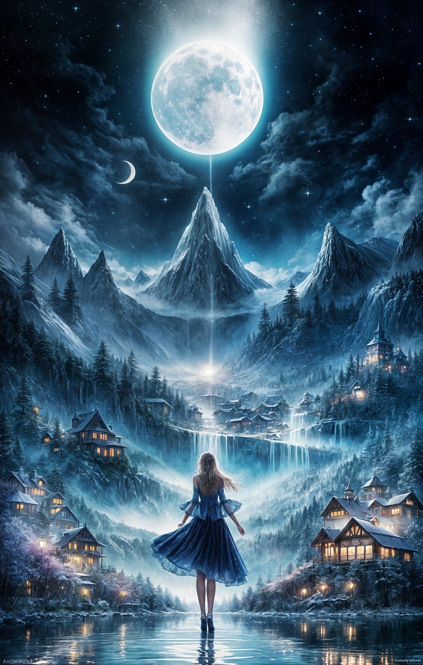 Watercolor, wet on wet , a massive shiny full moon with detailed moon light particles and moonbeams shining ...  by @Summerchild