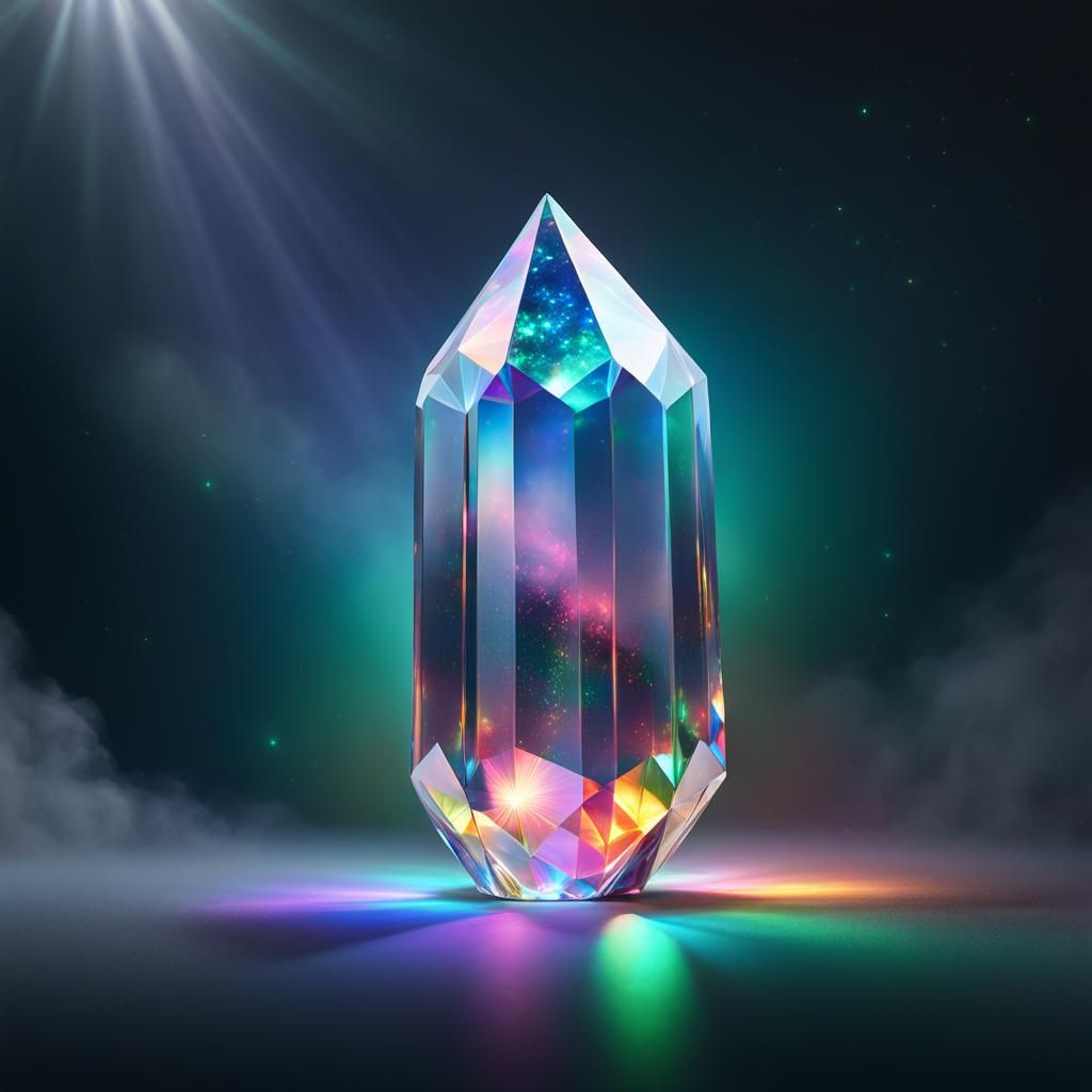 a single tall faceted magic opal crystal prism floating in a...