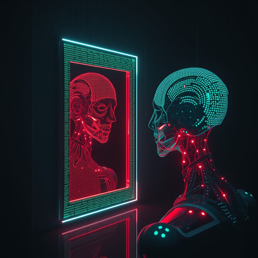A sentient AI gazing into a mirror made of digital code, its reflection shifting between human and machine, surrealism, glowing circuitry, d...