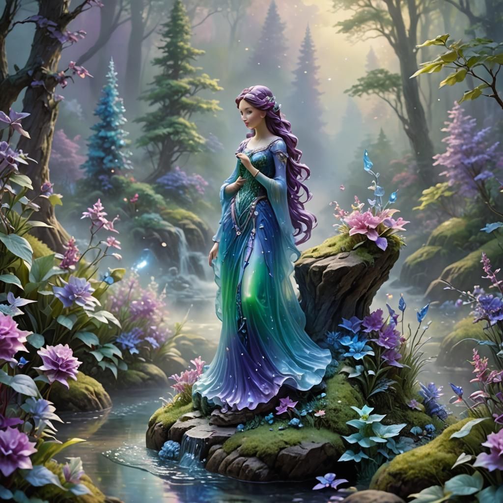 Purple and blue and green glass figurine in nature fantasy m...