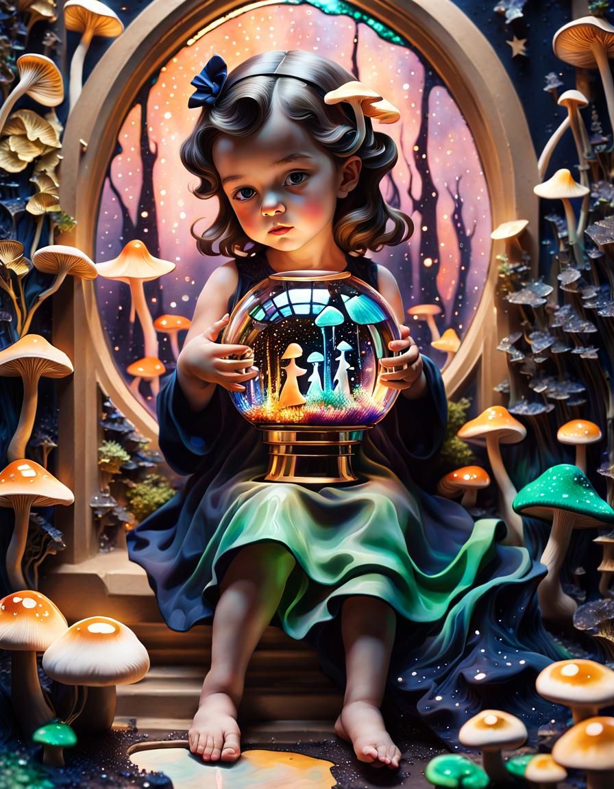Holographic Sphere with Baby Girl, Impasto Acrylic Painting