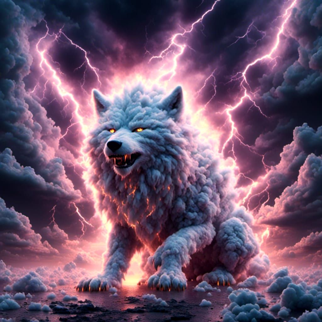 Golden Cloud Wolf in Cosmic Thunderstorm