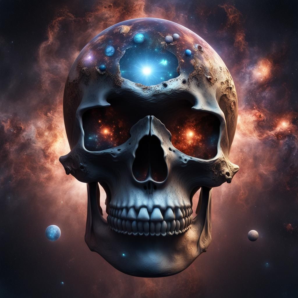 a skull melded with celestial objects like planets and stars...