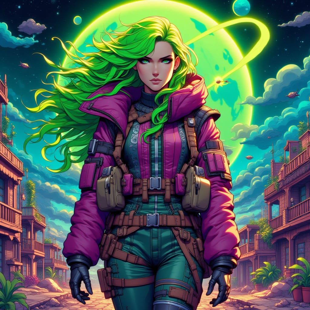 <lora:Studio Academia:1.0> city. full body shot, cinematic beautiful European woman in space travel outfit. anime cartoon. cell shaded.woman...