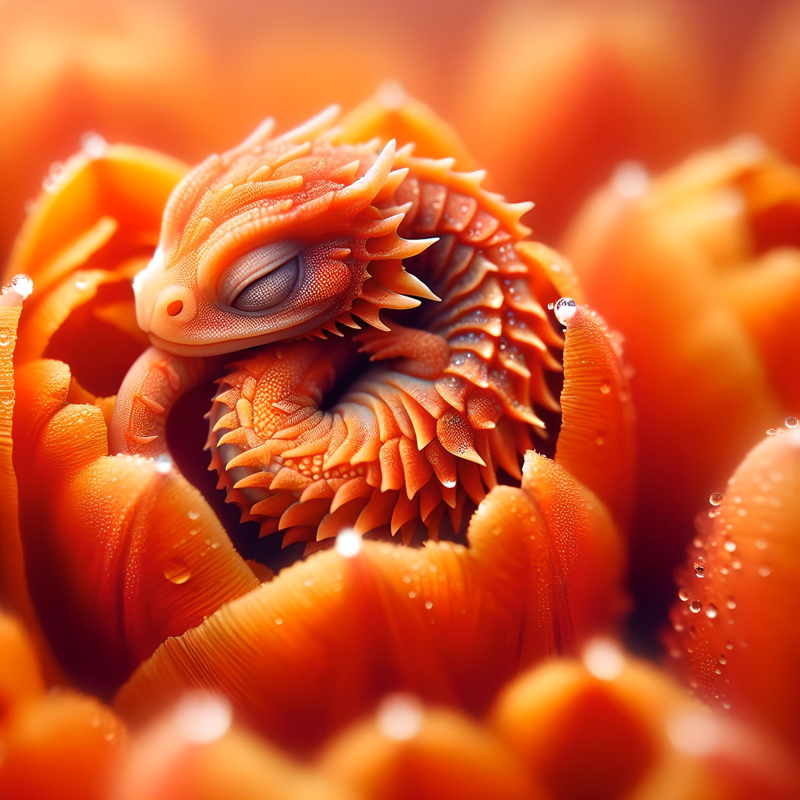 Sleeping newborn dragon curled up in the center of a tulip