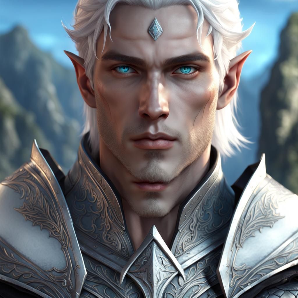handsome male elf warrior with white hair silver skin pale b...