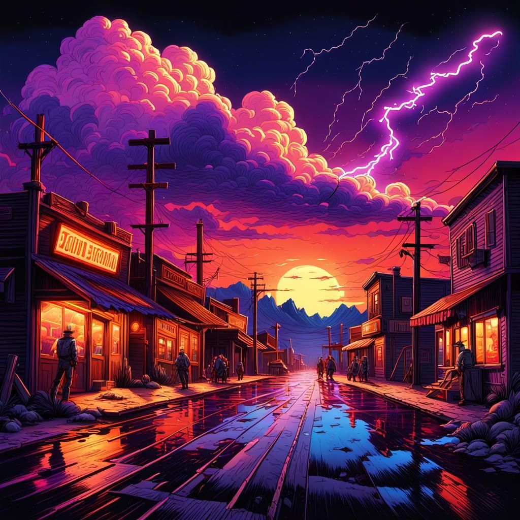 Todd McFarlane Comic-book illustration style, wild western town at sundown SKY FILLED with many colors ...  by @undefined