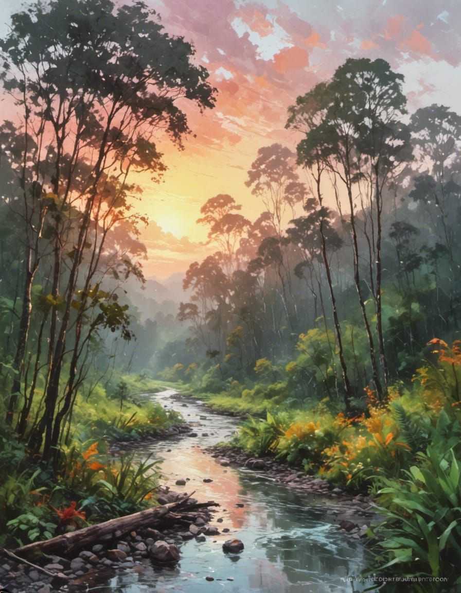 painting sunrise rain forest river landscape