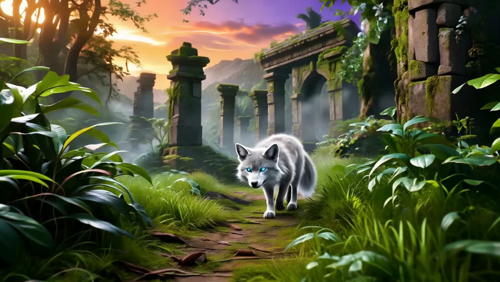 A majestic, bioluminescent fox with crystalline fur trots through a dense, overgrown jungle at twilight. Ancient, moss-c...