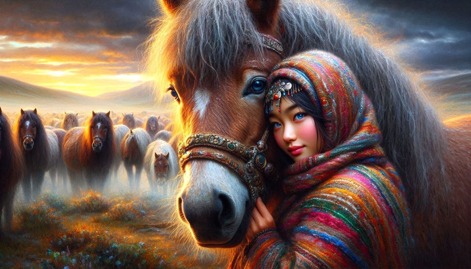 Mongolian nomad girl with her horse