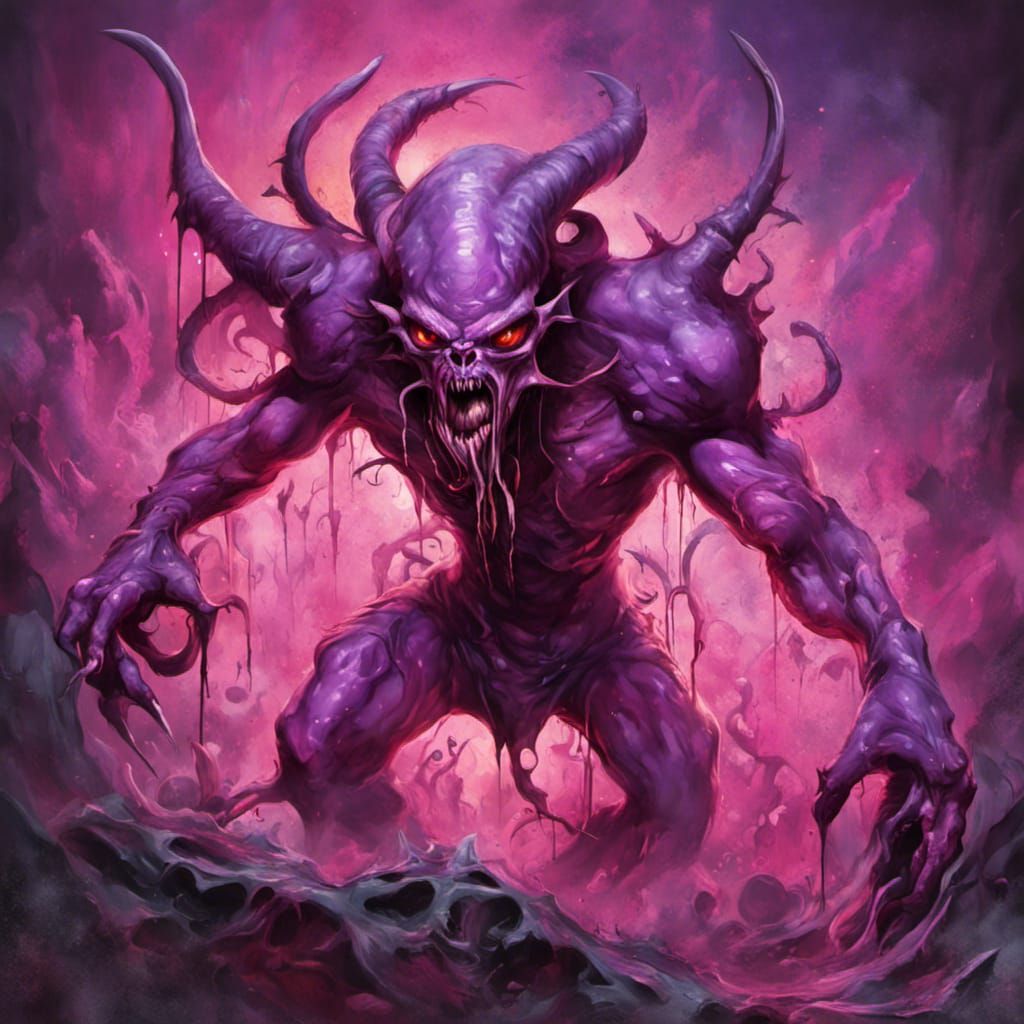 slaanesh demon, raging, angry, purple pink alien background