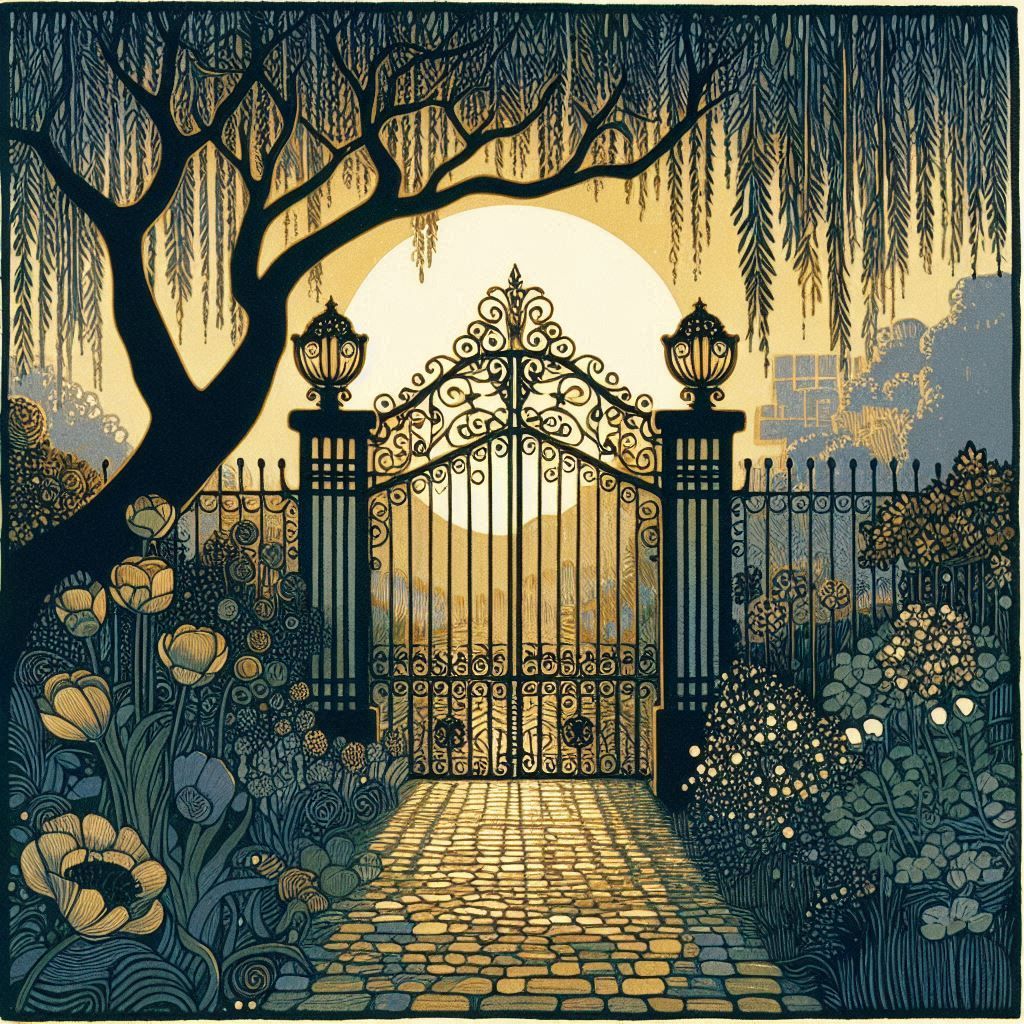 garden gate in the evening haze