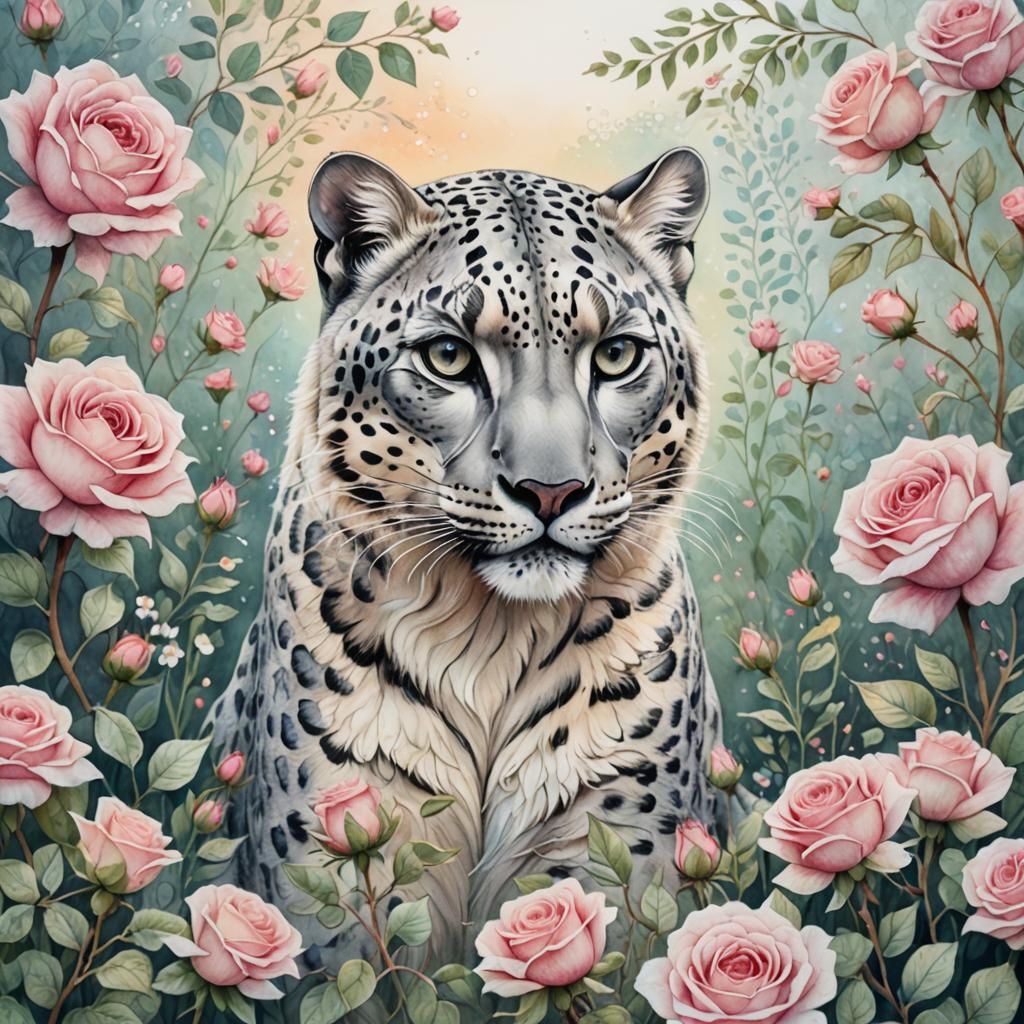 Snow Leopard in Rose Garden: Watercolour Zentangle