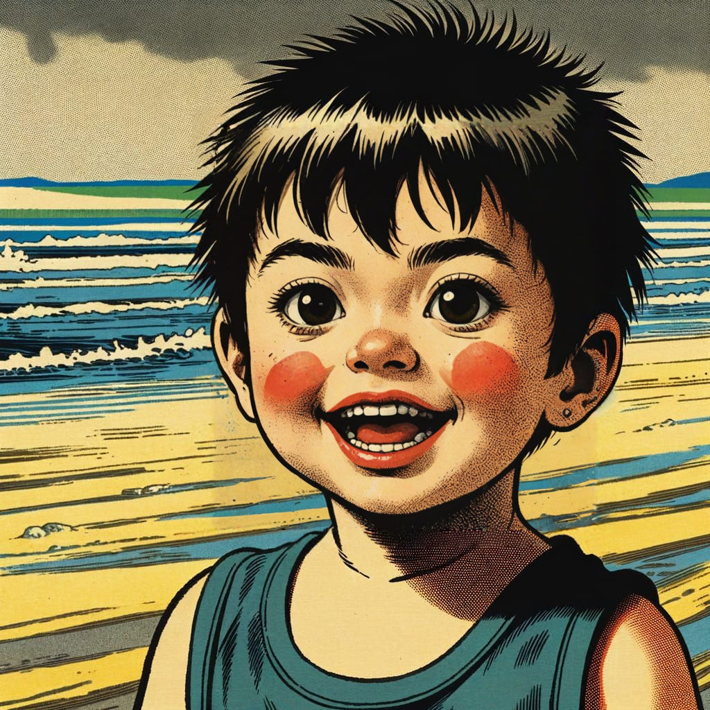 Boy on Beach in Japanese Woodblock Print Style