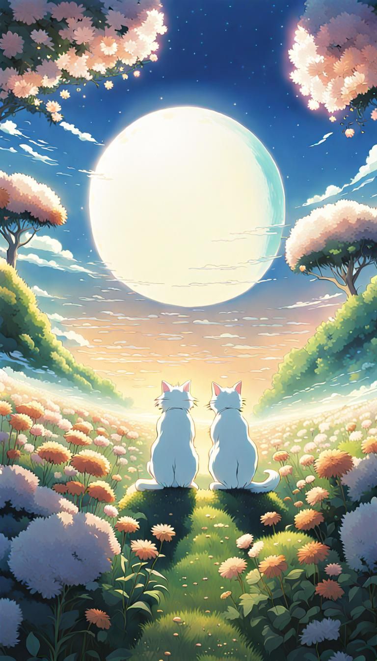 alien planet, shining flowers, two moons, white cat, shining...