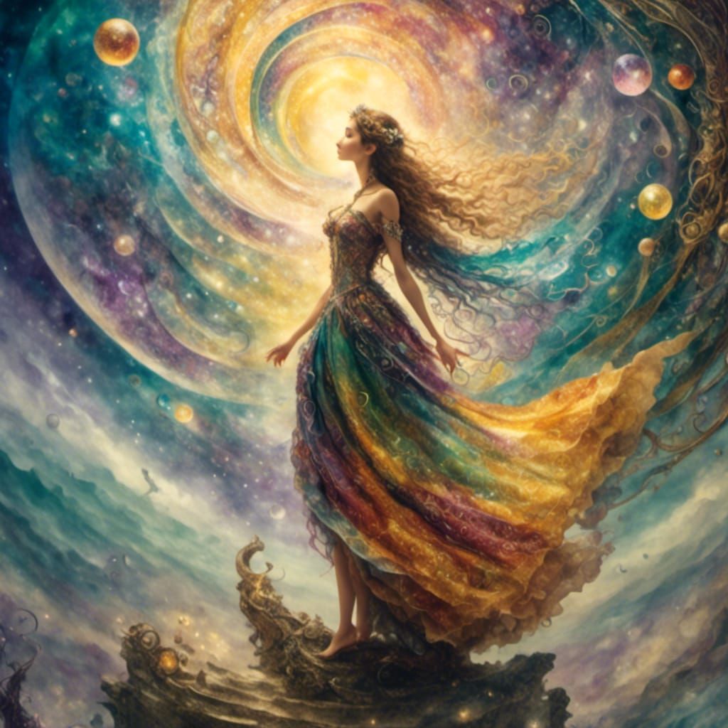 Girl Before Shimmering Portal in Dreamy Landscape