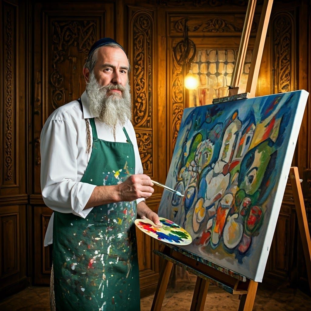 Vibrant Paint-Splattered Portrait of Hasidic Artist in Marke...