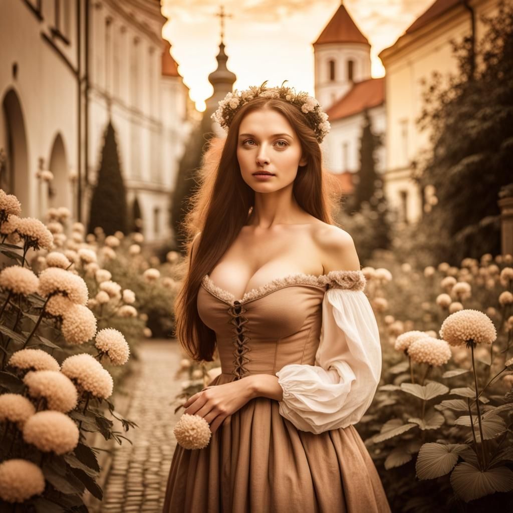 picture from 19 century, sepia color, open breasty girl in m...