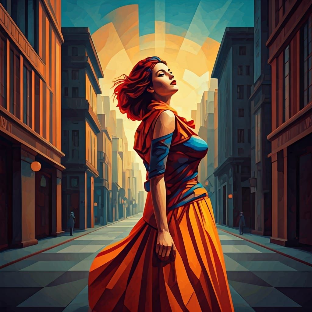 Cubist Woman in Geometric Fauvism Cityscape