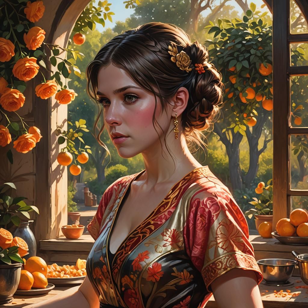 Anna Kendrick as flamenco dancer, black hair, hair in bun, rose in hair, Paella, in a rustic Spanish ...  by @Anna Kendrick fan