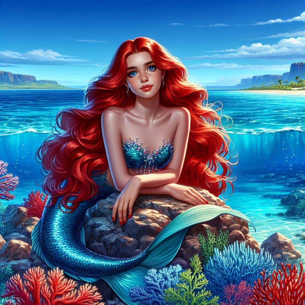 Red-Haired Mermaid in Rio Landscape
