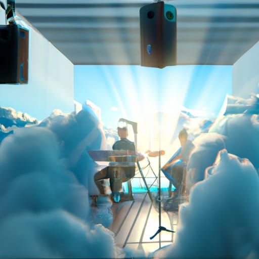 Recording studio in the clouds two persons heavenly sunshine...