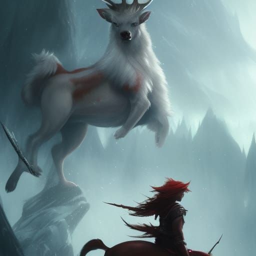 Female Elf With Red hair riding a White Furred Elk Mount