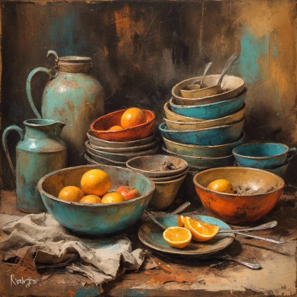 Dirty Dishes in the style of a grungy oil chalk painting. <lora:Oil Chalk Paintings:1.0> 