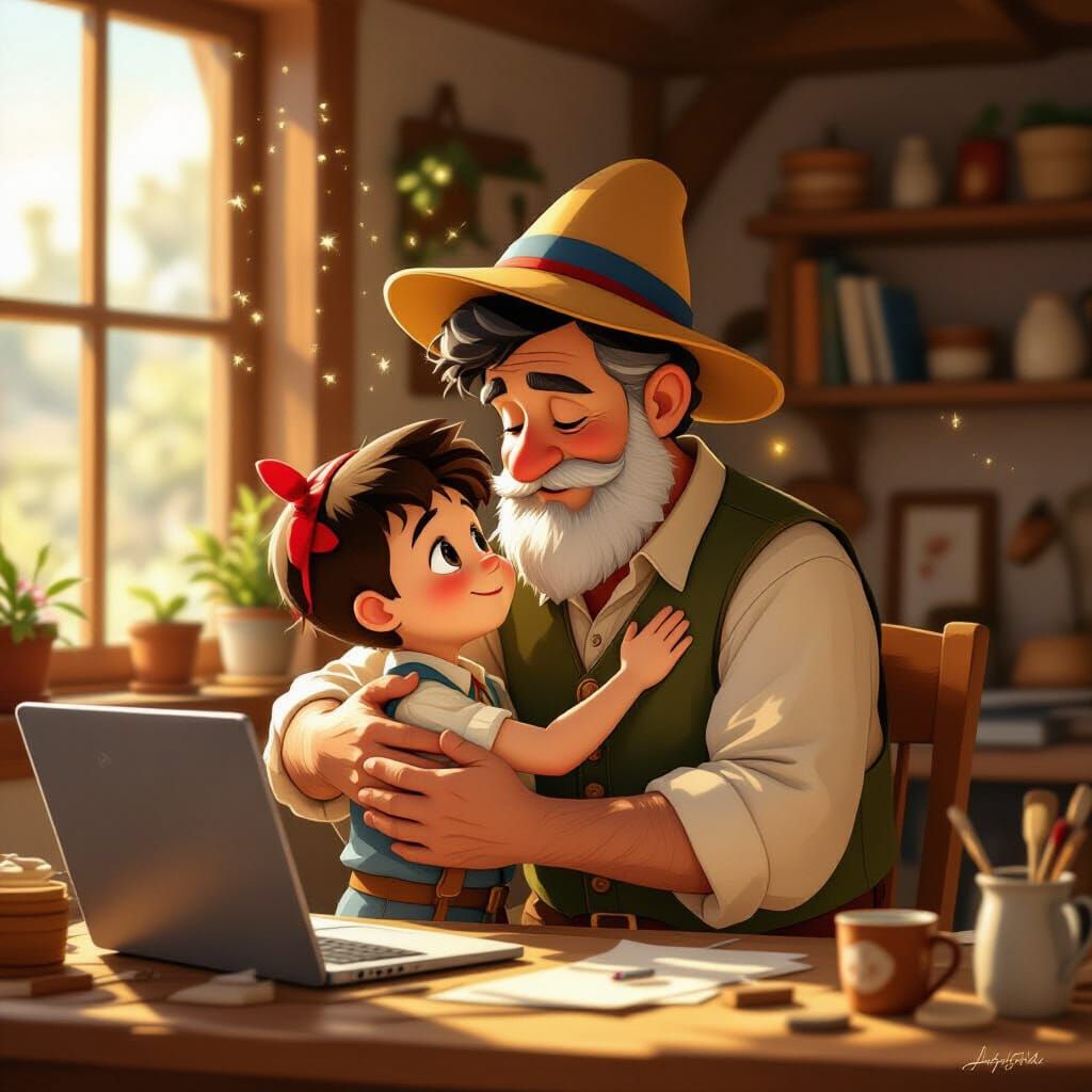 Morning sunlight streams into a cozy workshop. Gepetto hugs Pinocchio, now fully human but with faint sparkling code drifting from him. Dust...