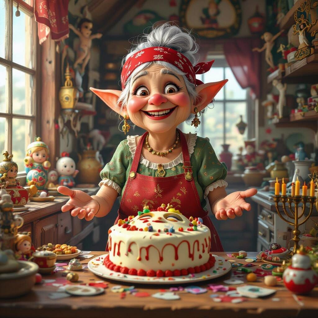 An old goblin woman in a cluttered and colorful house full of paintings and sculptures and dolls and toys and crucifixes and menorahs. The g...